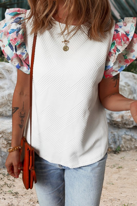 Sophia Floral Tiered Ruffle Sleeve Knit Crew