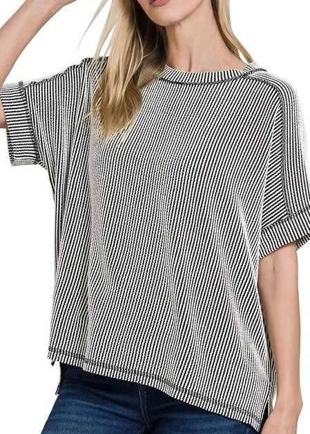 Emily Corded Rib Raw Edge Cuffed Tee