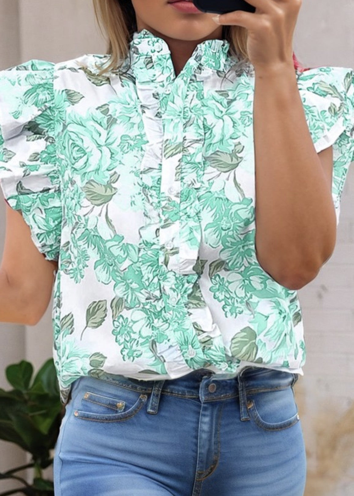 Mercy Rose Print Ruffle Slv. & Trim Top