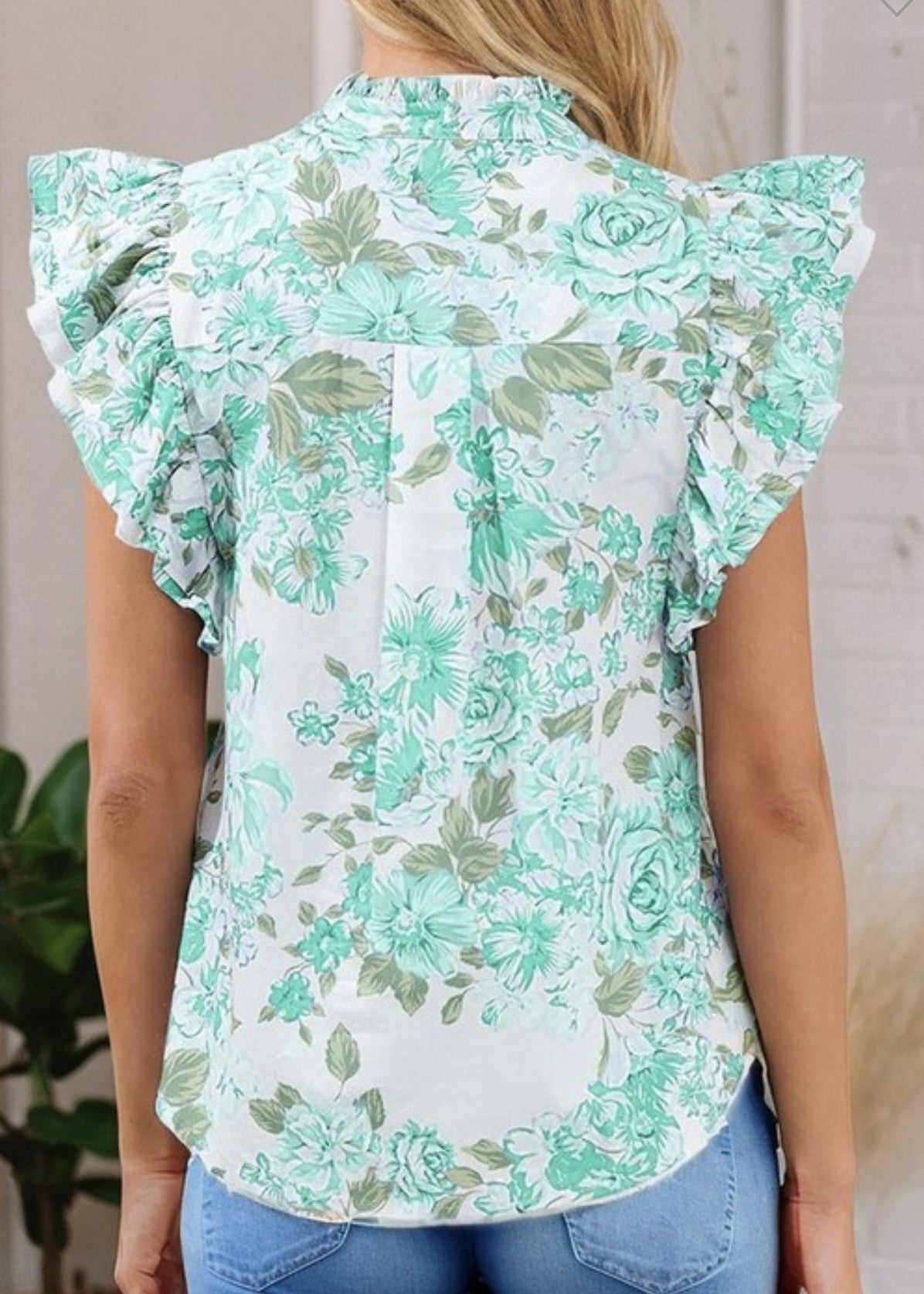 Mercy Rose Print Ruffle Slv. & Trim Top