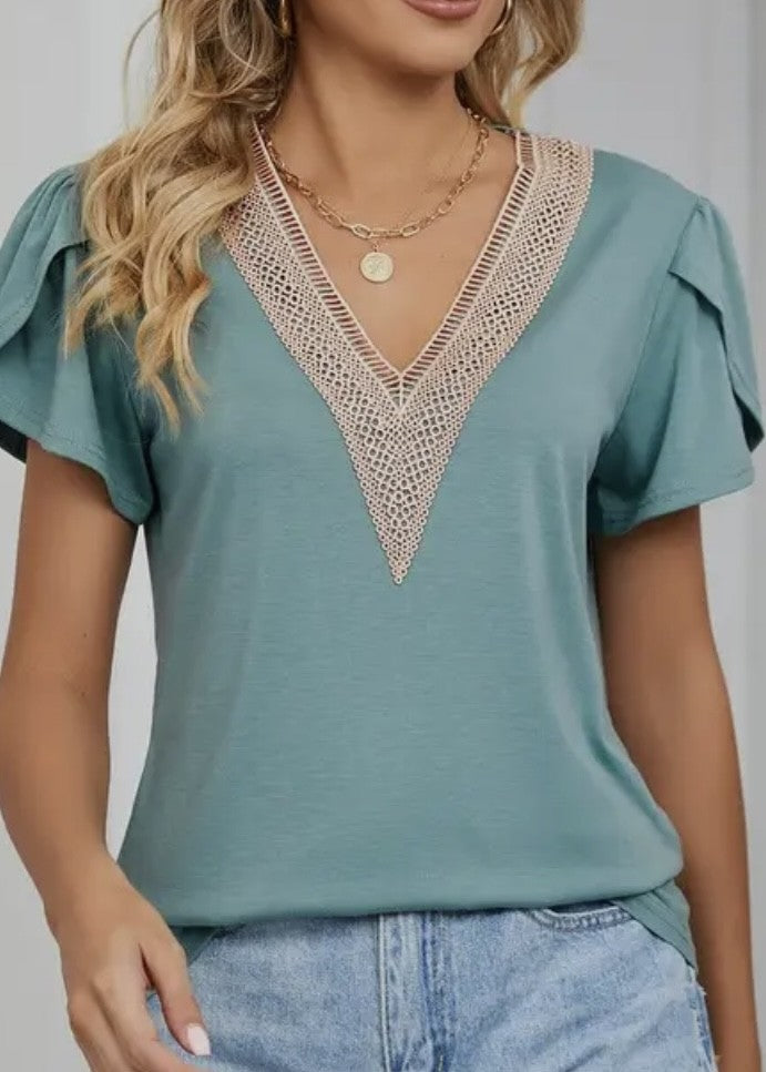Amara Puff-Sleeve Lace Trim V-Neck Top