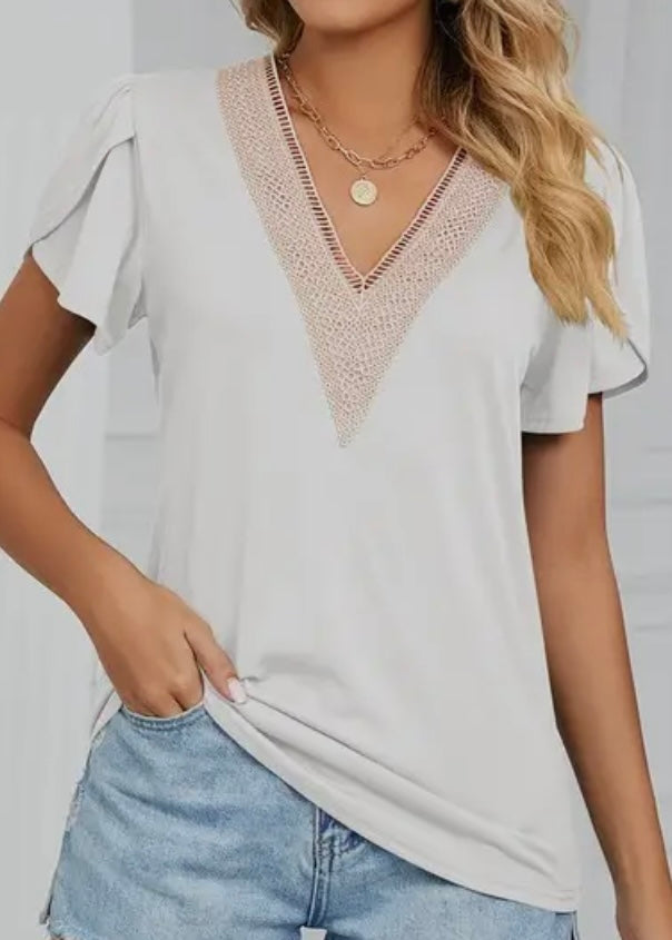 Amara Puff-Sleeve Lace Trim V-Neck Top
