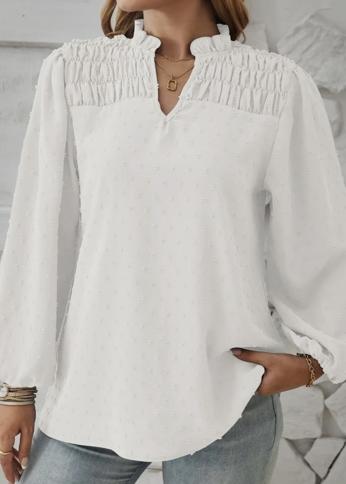 Mia Split Neck Smocked Shoulder Top