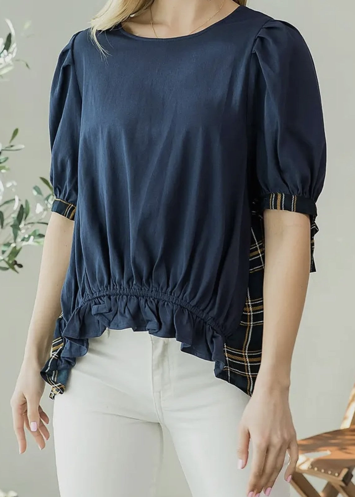 Carmen Tie-Sleeve Plaid Back Top