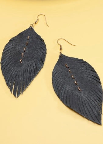 Leather Leaf Earrings w/ Link Detail