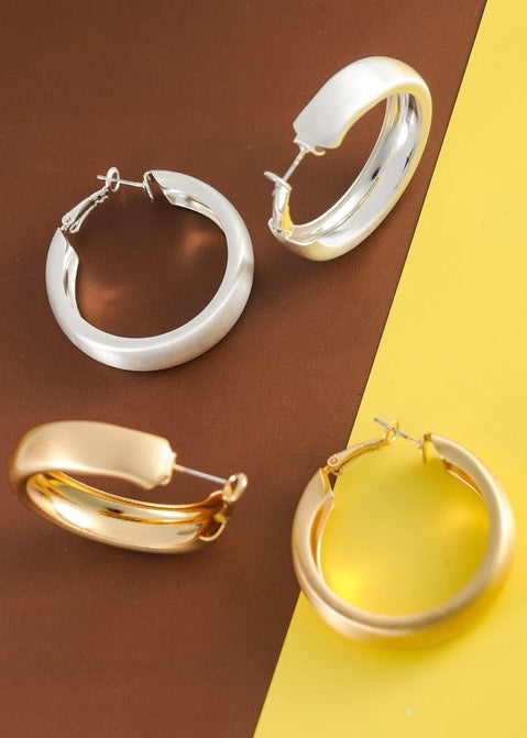 Classic Wide Brushed Metal Hoop Earrings