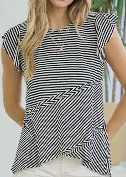 Alexis Striped Tee w/Flutter Sleeves