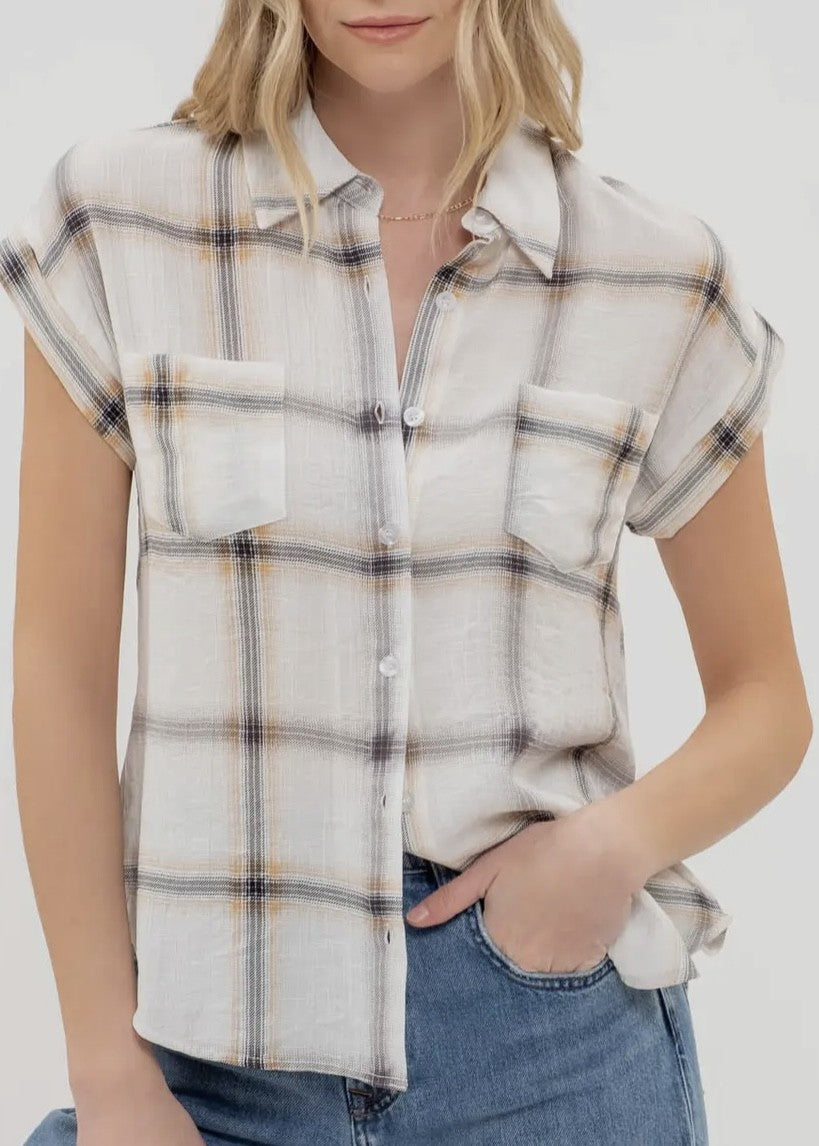 Cordelia Plaid Button-Front Top w/Chest Pocket