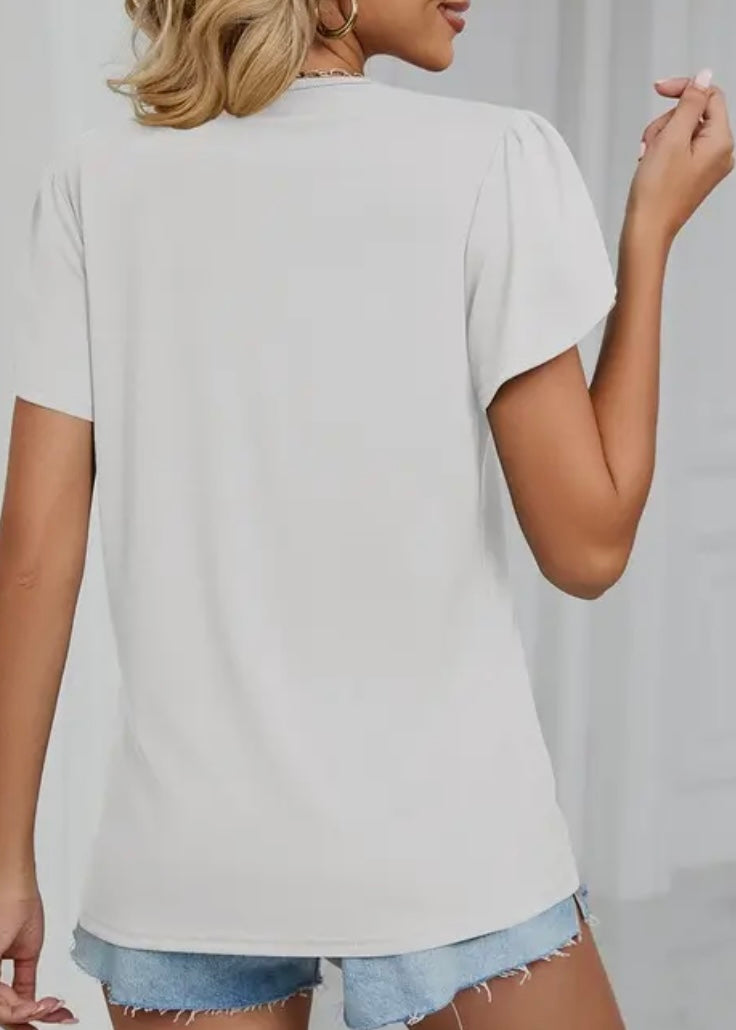 Amara Puff-Sleeve Lace Trim V-Neck Top