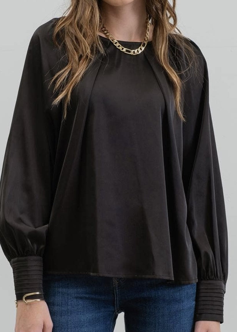 Button Cuff Bishop-Sleeve Crew Neck