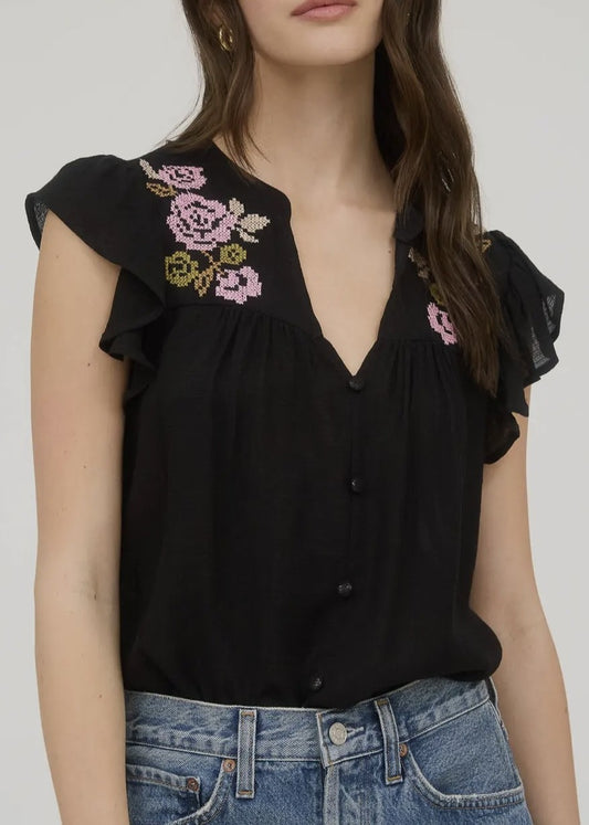 Lourdes Floral Embroidered Flutter Sleeve Top
