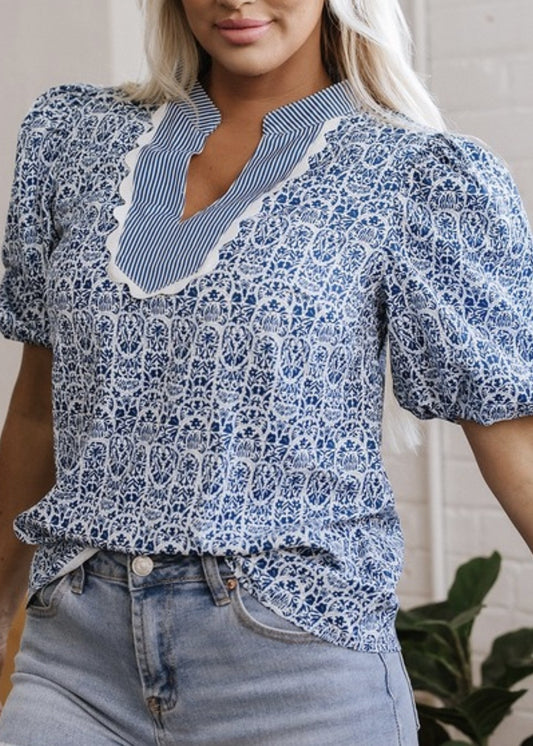Valley Floral Puff Sleeve w/Striped VNeck
