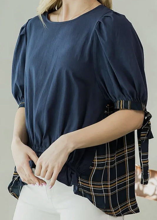 Carmen Tie-Sleeve Plaid Back Top