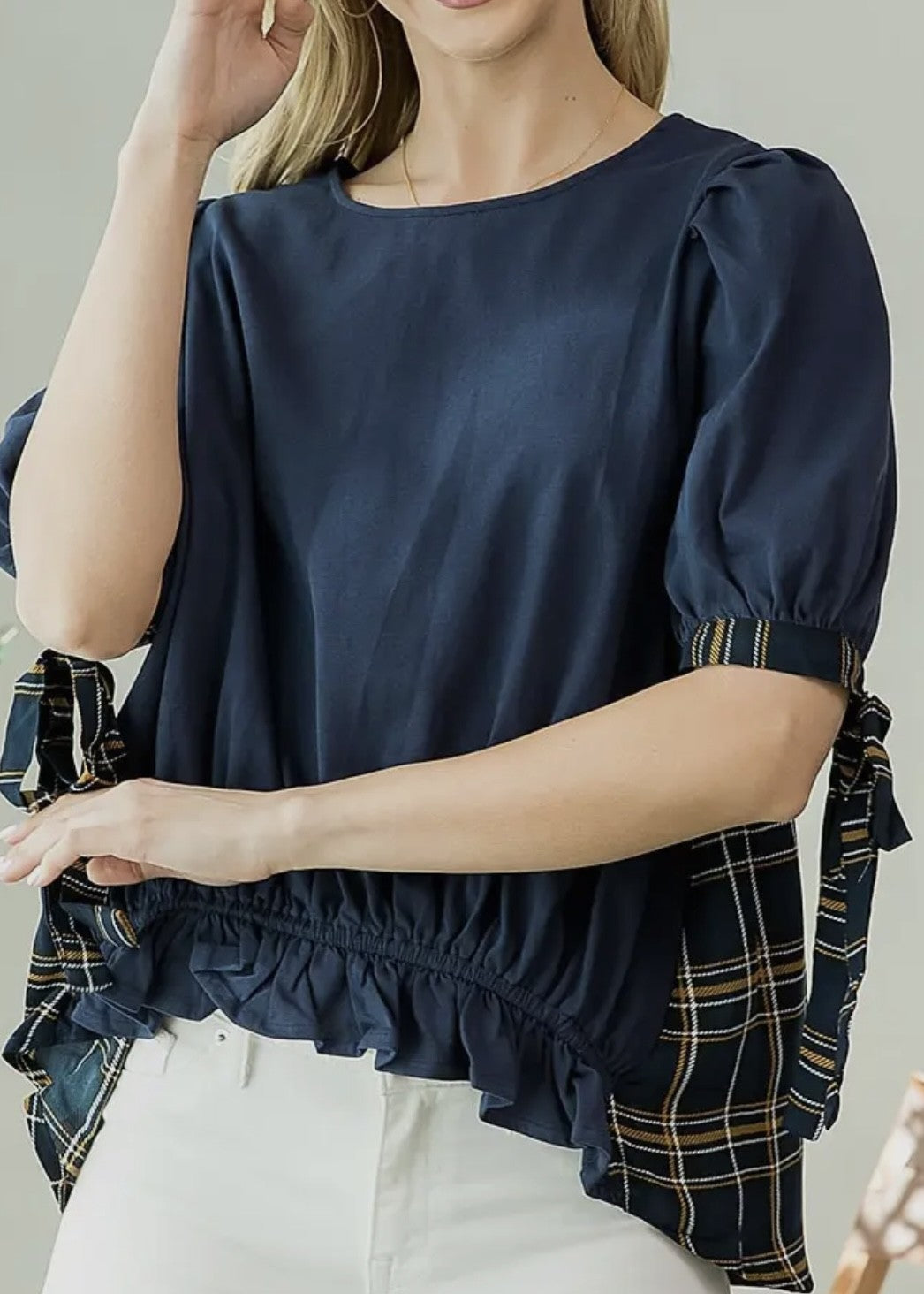 Carmen Tie-Sleeve Plaid Back Top
