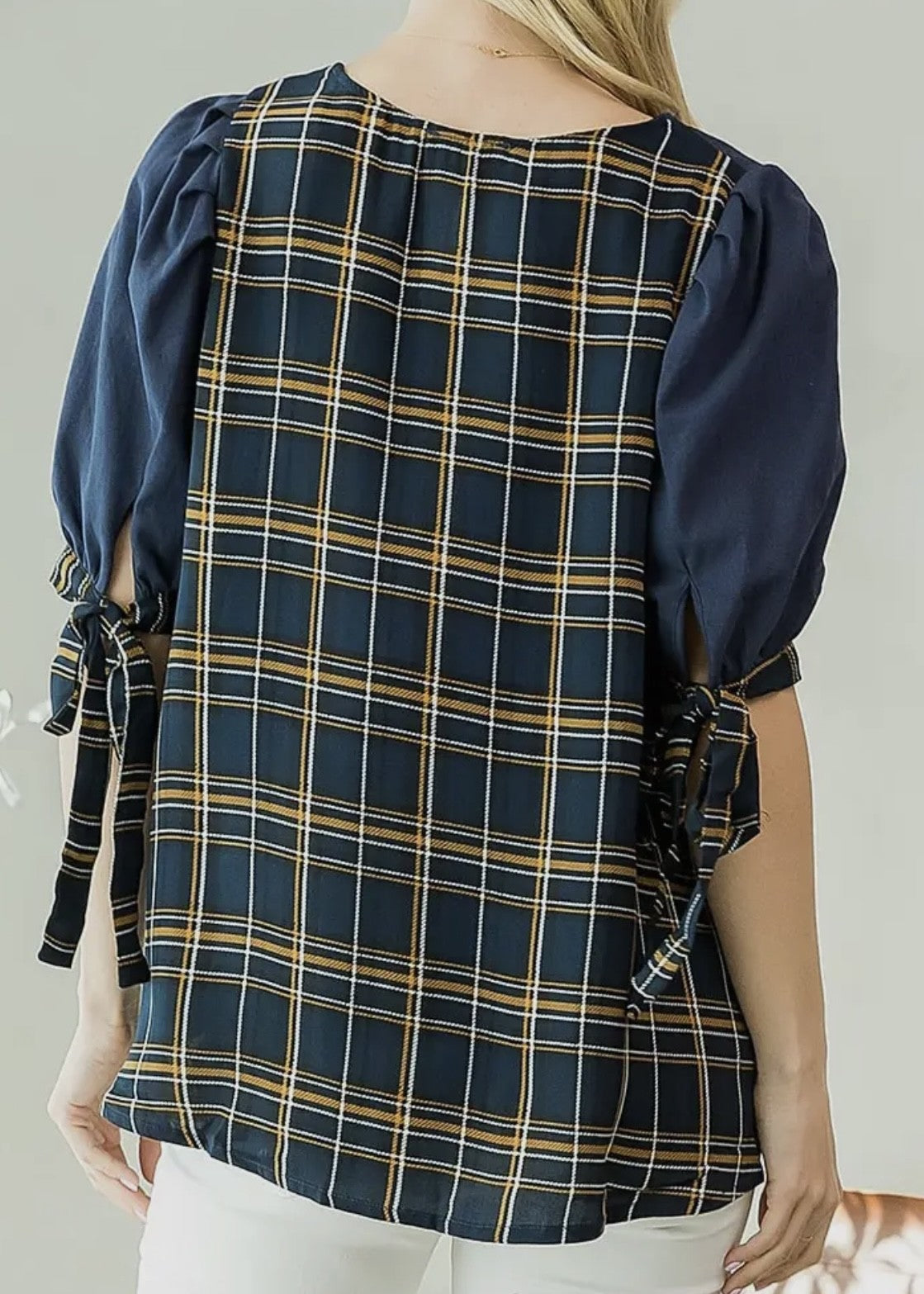 Carmen Tie-Sleeve Plaid Back Top
