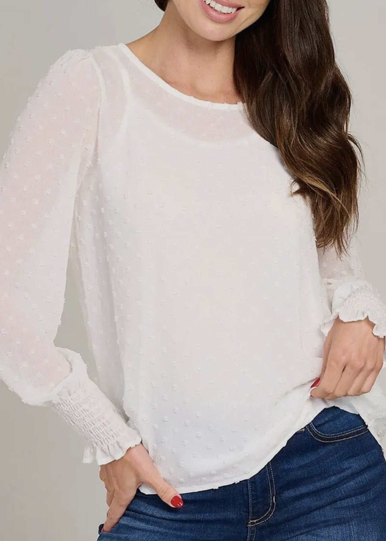 Jade Swiss Dot Crew Neck L/S Blouse