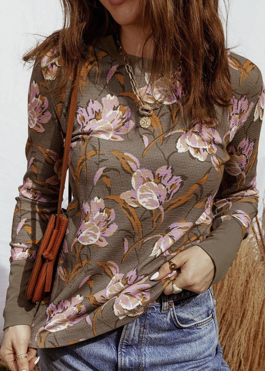 Danna Floral Print Waffle L/S Crew