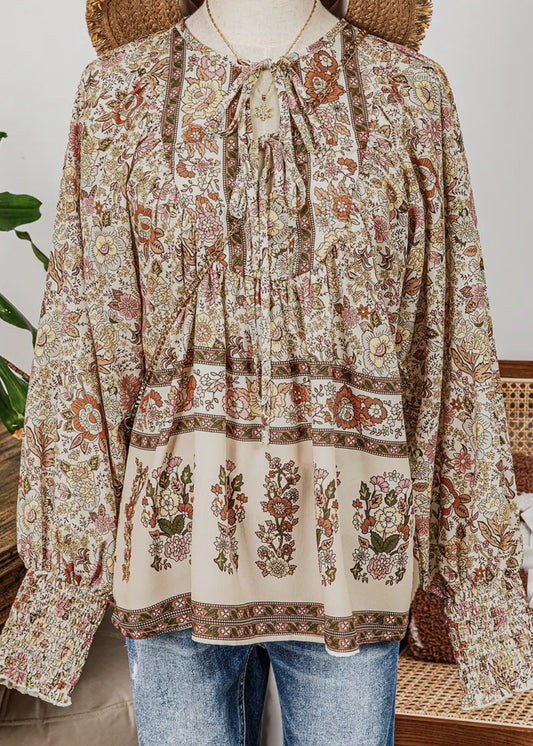 Olivia Tie-Front Boho Printed Blouse