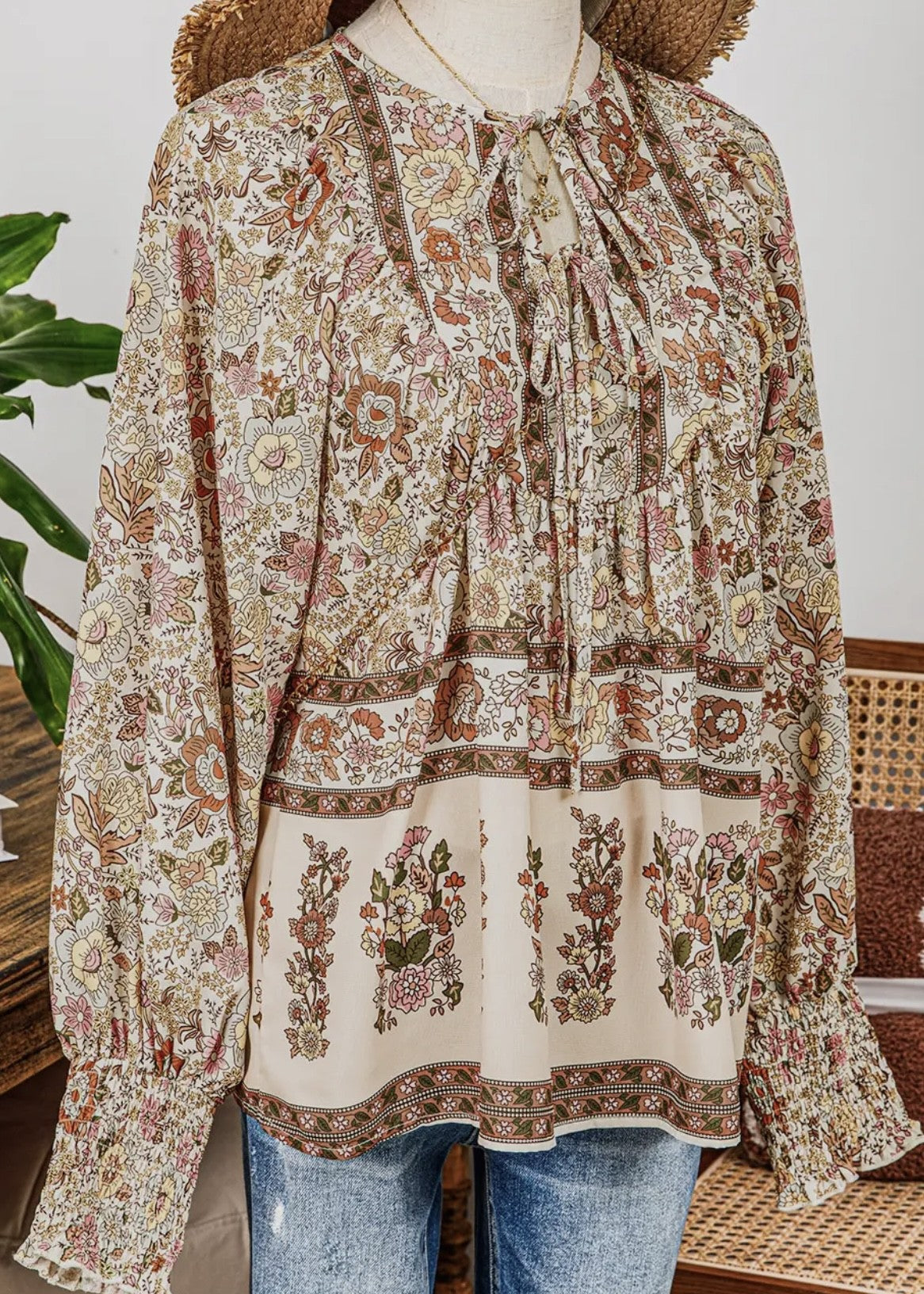 Olivia Tie-Front Boho Printed Blouse