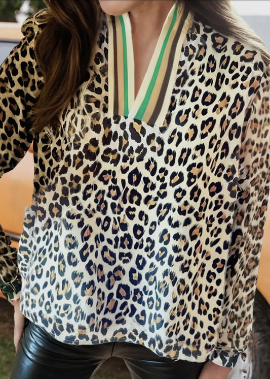 Ali Striped V-Neck Leopard L/S Blouse
