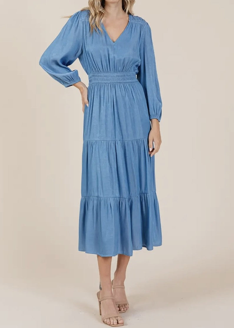 Mary Chambray V-Neck Tiered Dress