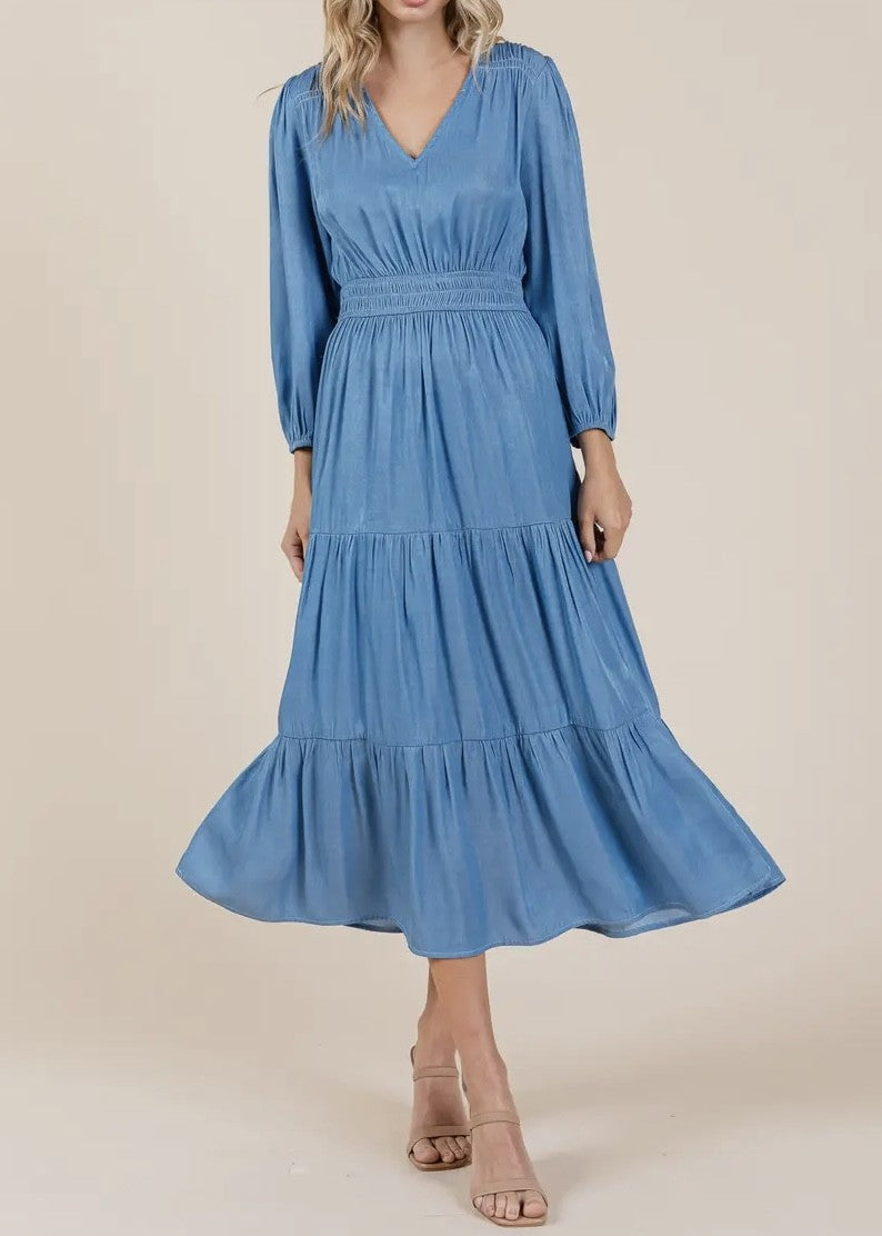 Mary Chambray V-Neck Tiered Dress