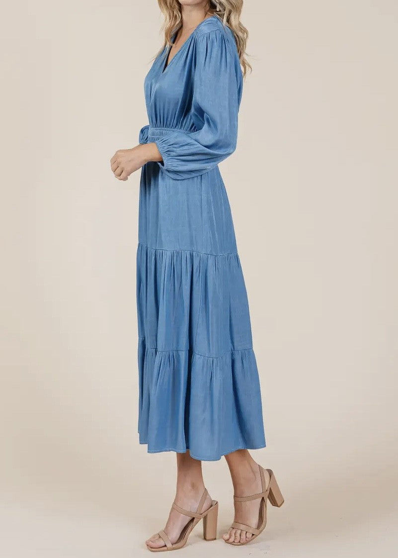 Mary Chambray V-Neck Tiered Dress