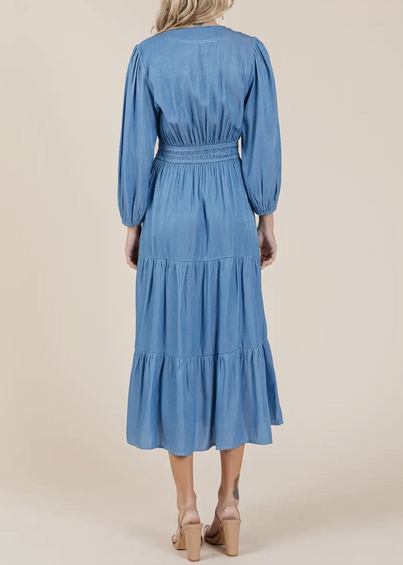 Mary Chambray V-Neck Tiered Dress