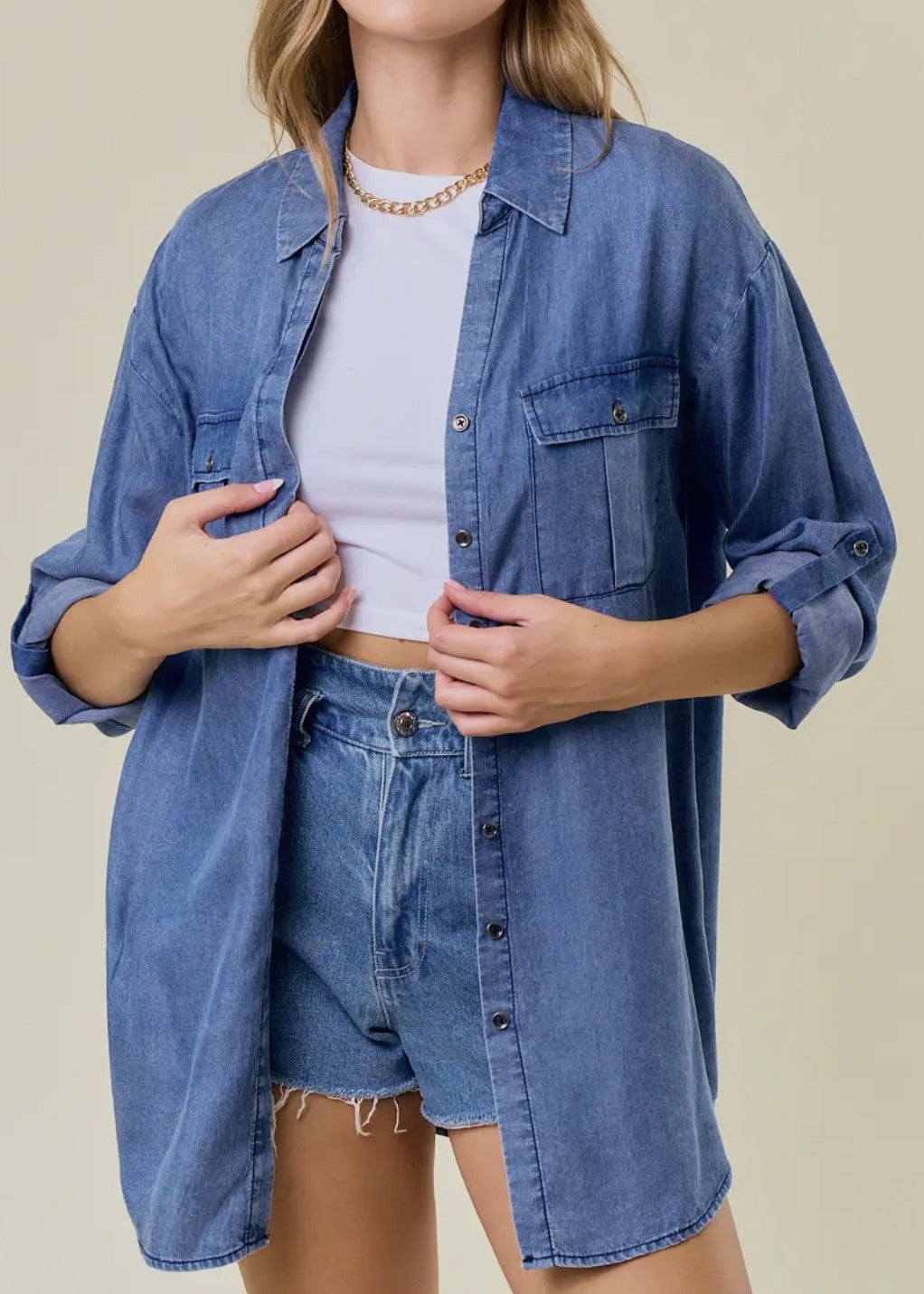 Carmen Split Neck Tencel Denim Shirt