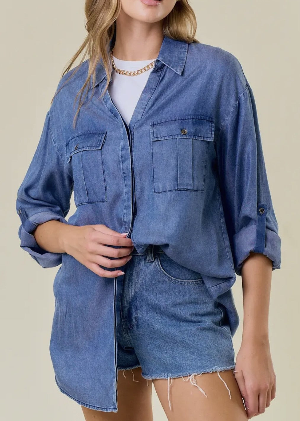 Carmen Split Neck Tencel Denim Shirt