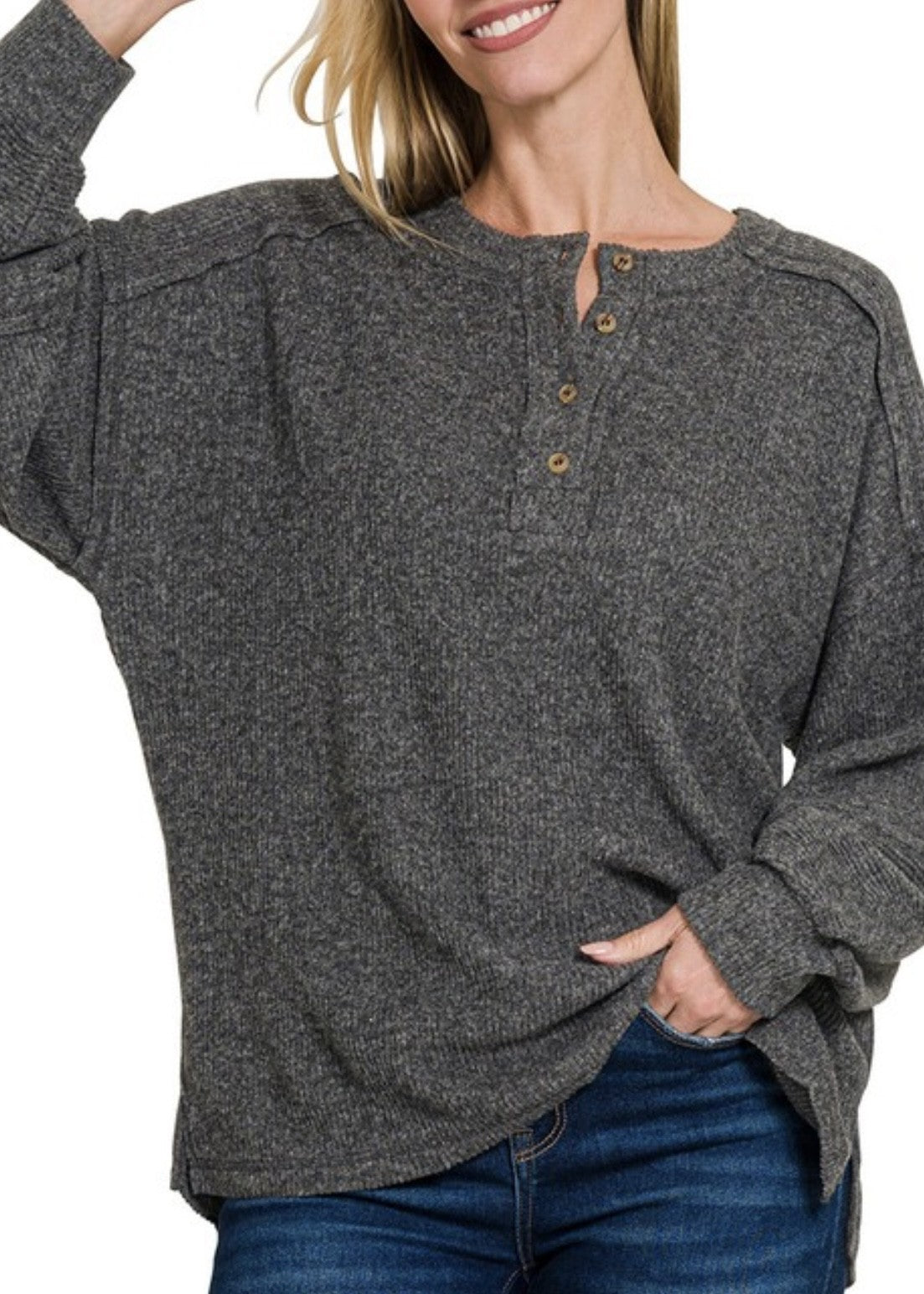 Kali Ribbed Hacci Henley Sweater