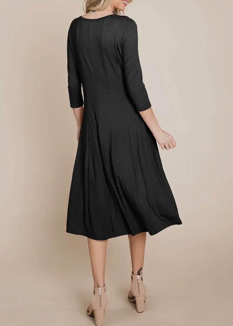 Mabel 3/4 Sleeve Pleated A-Line Midi Dress