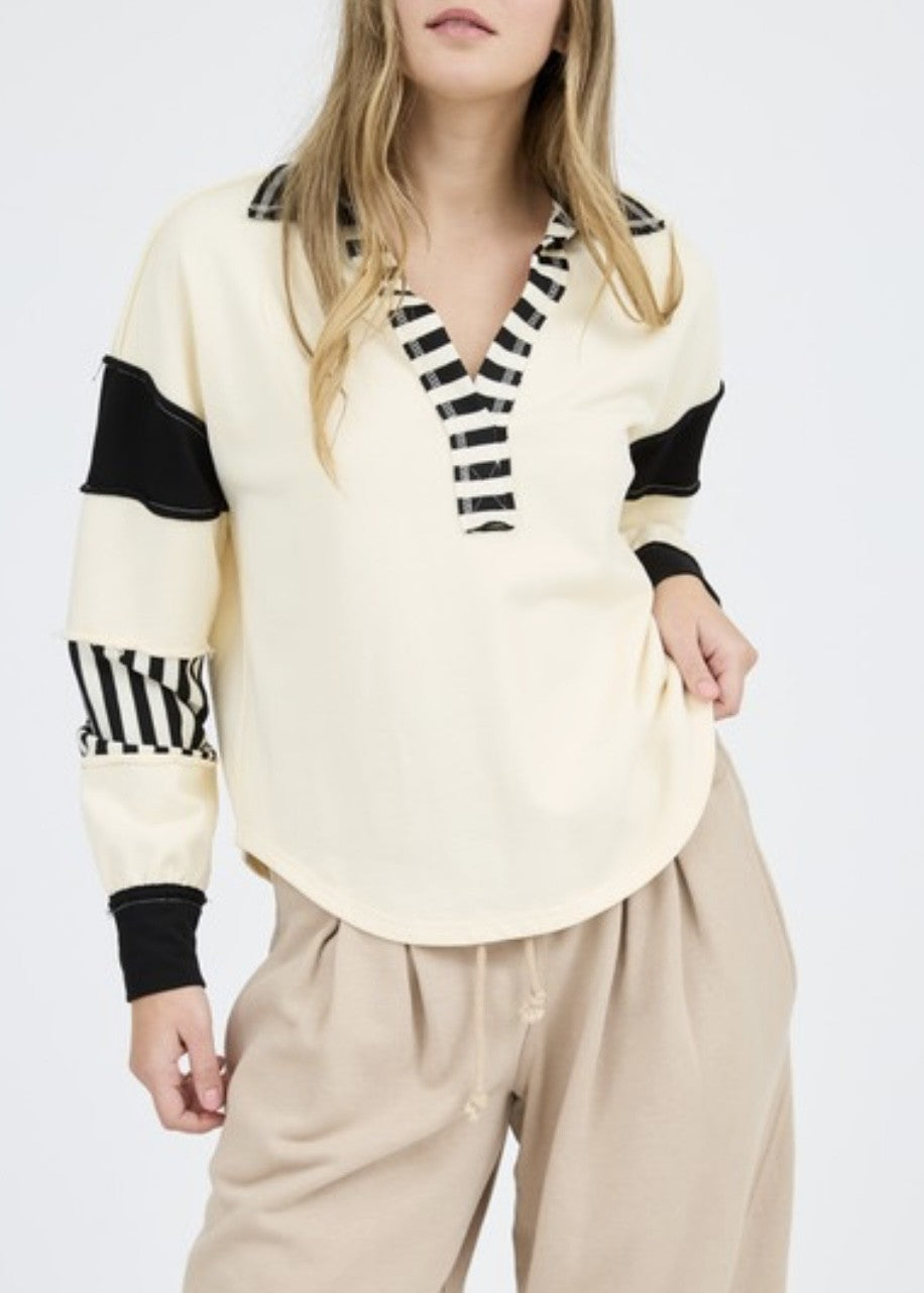 Amari PATCHWORK STRIPE COLLARED V-Neck Pullover