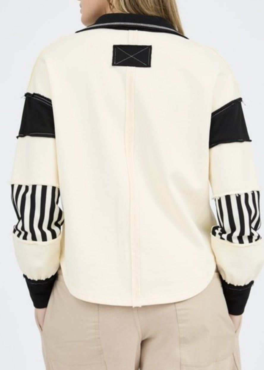 Amari PATCHWORK STRIPE COLLARED V-Neck Pullover