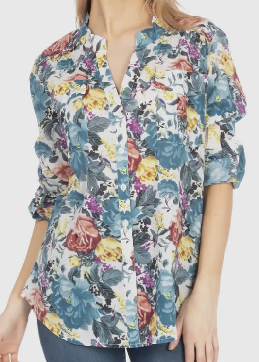 Olive Floral Print Button Down Top