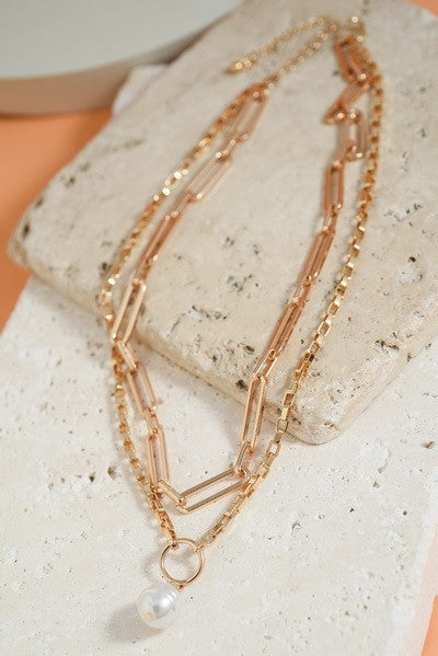 Dble Chain Pearl Pendant Necklace