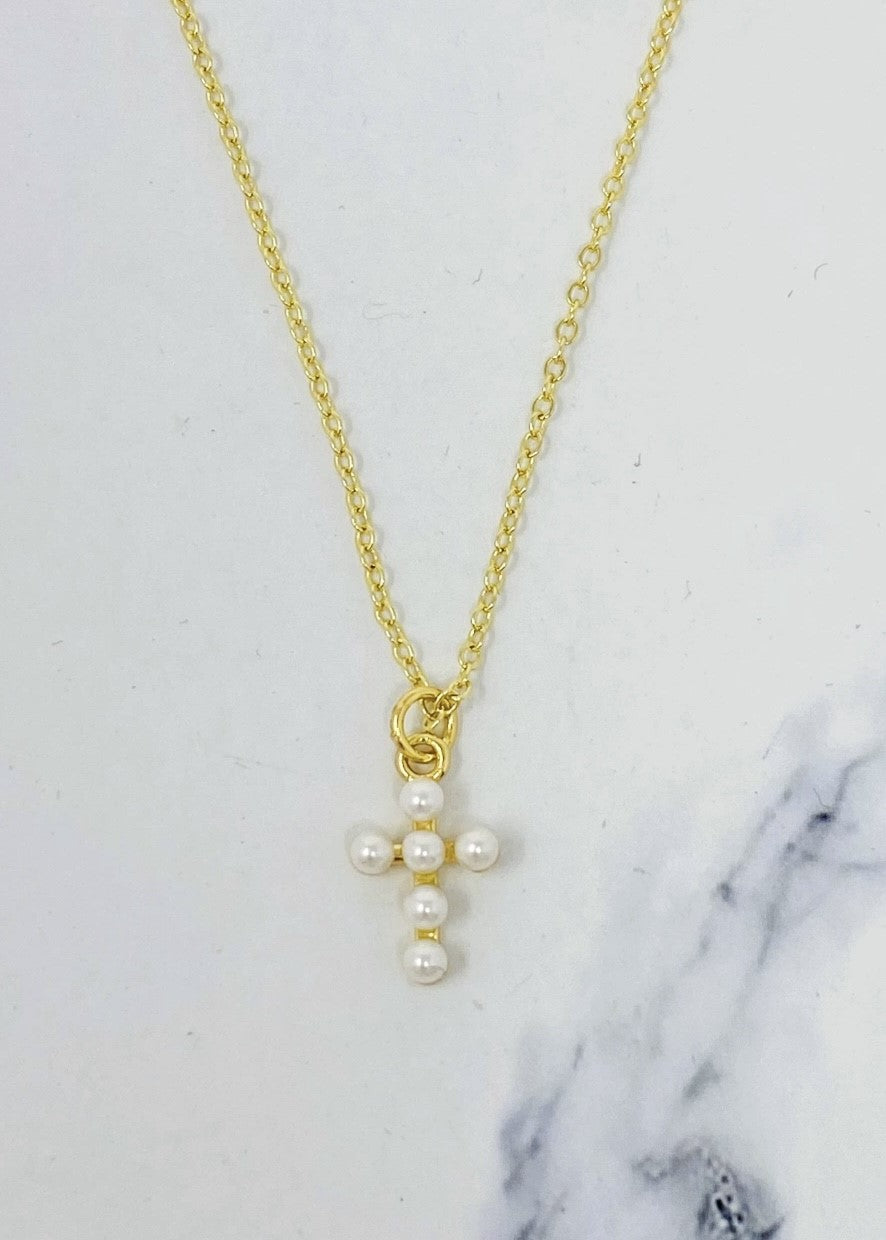 Dainty Pearl Cross Necklace