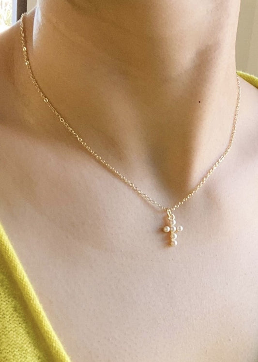 Dainty Pearl Cross Necklace